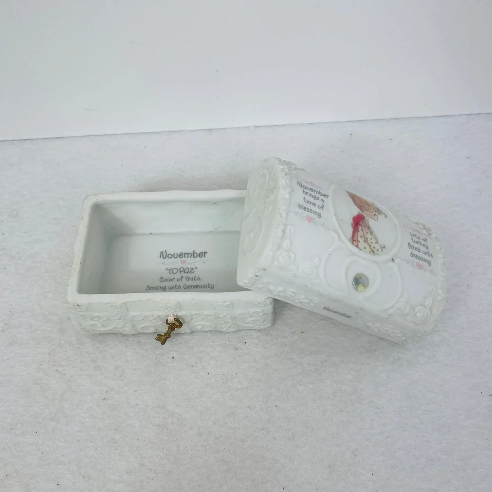 November Topaz Porcelain Treasure Chest Trinket Box White Ceramic Birthstone